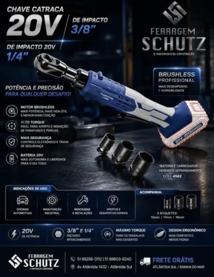 Chave catraca de impacto 20V brushless, com três soquetes