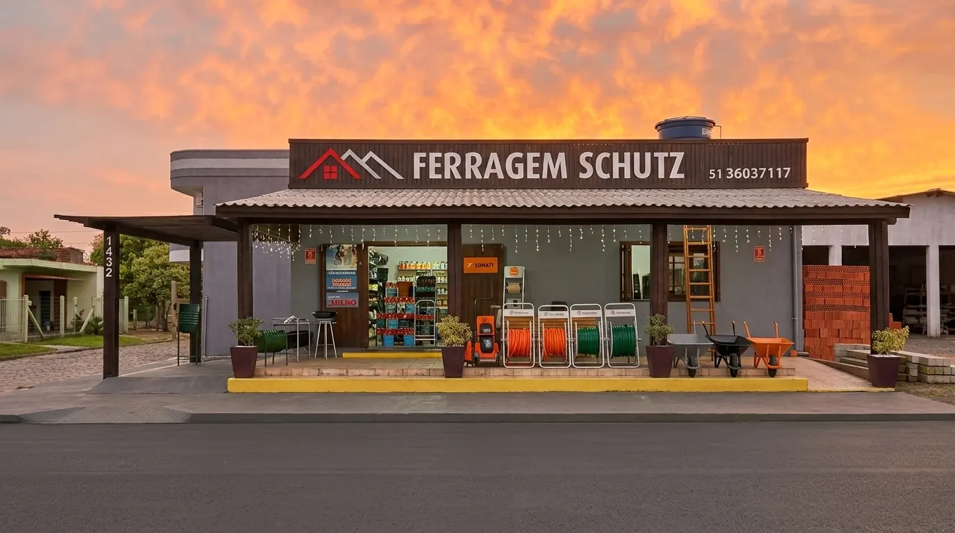 Fachada da Ferragem Schutz na Av. Atlântida, 1432, em Atlântida Sul, Osório