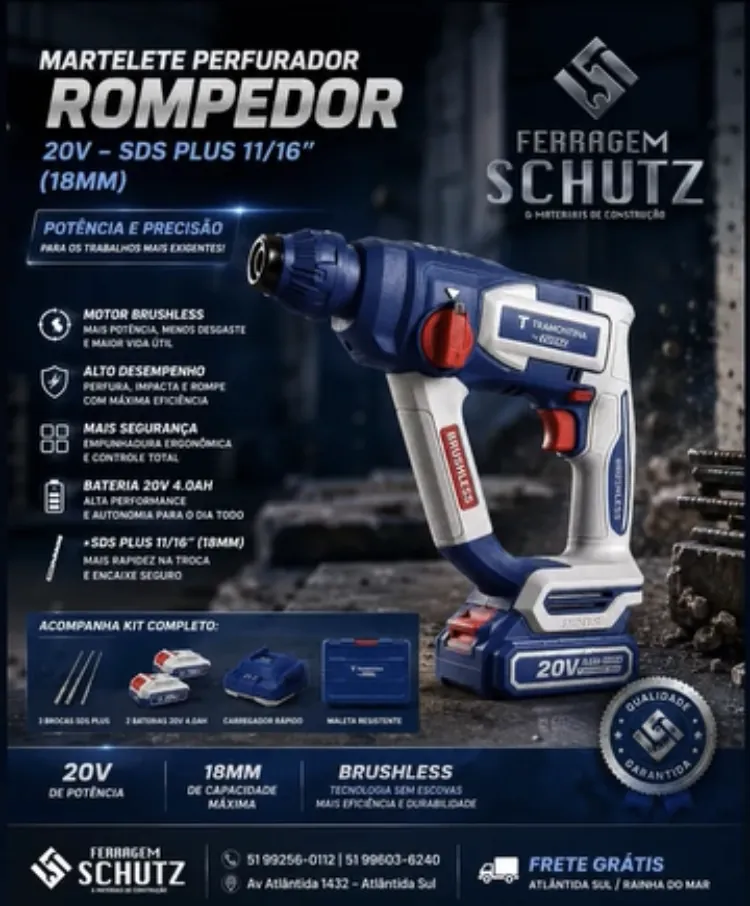 Martelete perfurador rompedor 20V SDS Plus 11/16 polegada, com kit completo